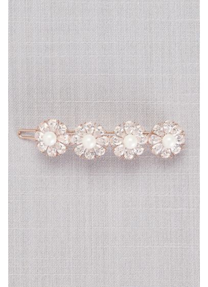 Cubic Zirconia and Pearl Quad Flower Hair Clip - Four cubic zirconia and pearl blossoms sparkle and
